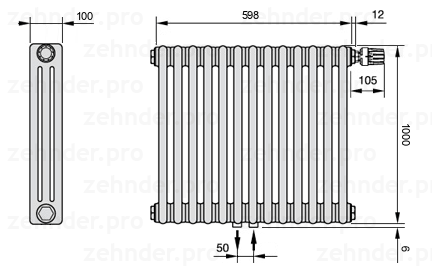 Схема (чертеж) Радиатор Zehnder Charleston 3100/13 №V008 Белый глянцевый RAL 9016